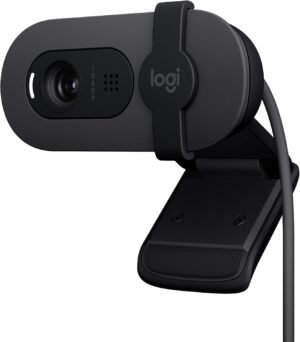 webcam full hd logitech brio 100 com microfone integrado, proteção de privacidade, correção automática de luz e conexão usb a grafite