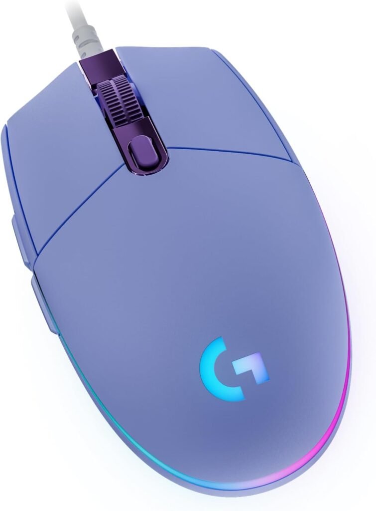 mouse gamer logitech g203 lightsync rgb, efeito de ondas de cores, 6 botões programáveis e até 8.000 dpi lilás