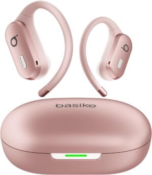 basike fone de ouvido bluetooth 5.4 tws open ear esportivo, som hi fi estéreo, anc & modo transparência, enc, resistente a suor e respingos para corrida e exercícios ao ar livre – ouro rosa
