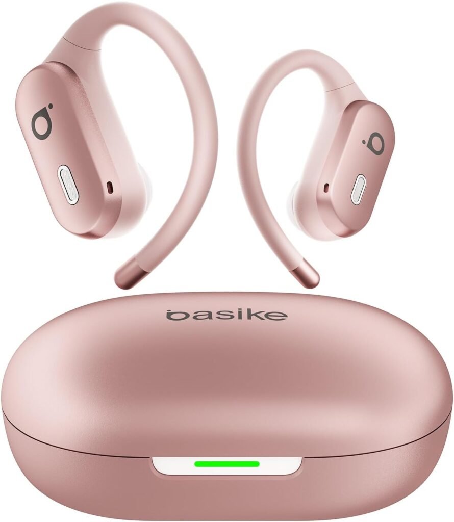 basike fone de ouvido bluetooth 5.4 tws open ear esportivo, som hi fi estéreo, anc & modo transparência, enc, resistente a suor e respingos para corrida e exercícios ao ar livre – ouro rosa