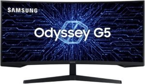 samsung ‎c34g55twwl odyssey 34' monitor gamer curvo, wqhd, 165hz, 1ms, tela ultrawide, hdmi, display port, freesync premium, preto, série g5
