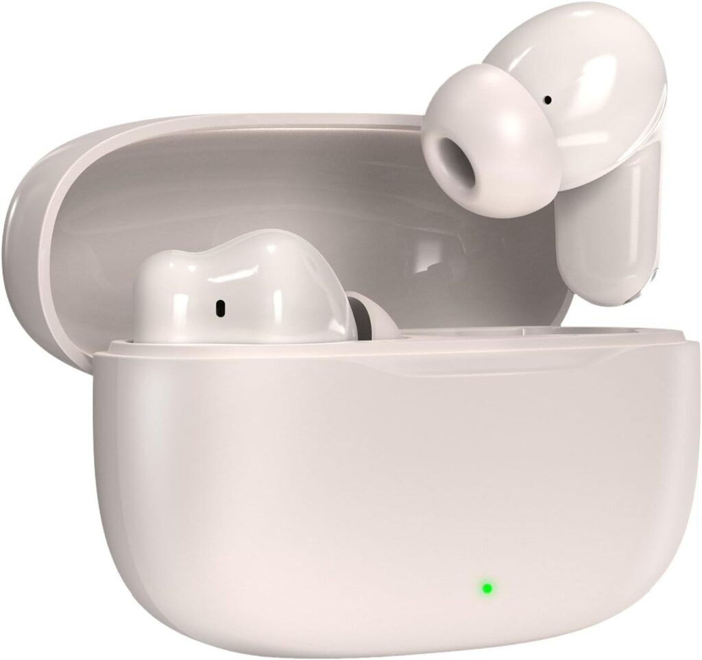 fone de ouvido bluetooth sem fio 5.3 compatível iphone android, modo de fone ouvido único e dois com microfone, 360 estéreo graves potentes para trabalho academia corrida musica jogo e game, bege