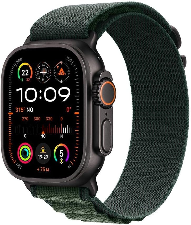 apple watch ultra 2 gps + cellular • caixa preta de titânio – 49 mm • pulseira loop alpina verde escura – m